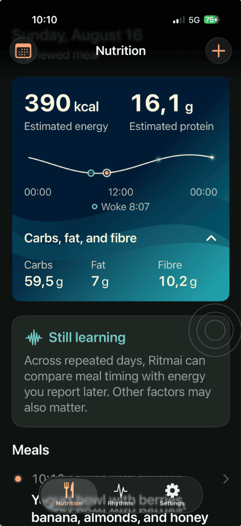 Ritmai Nutrition dashboard displaying 24-hour continuous wave and meal breakdown